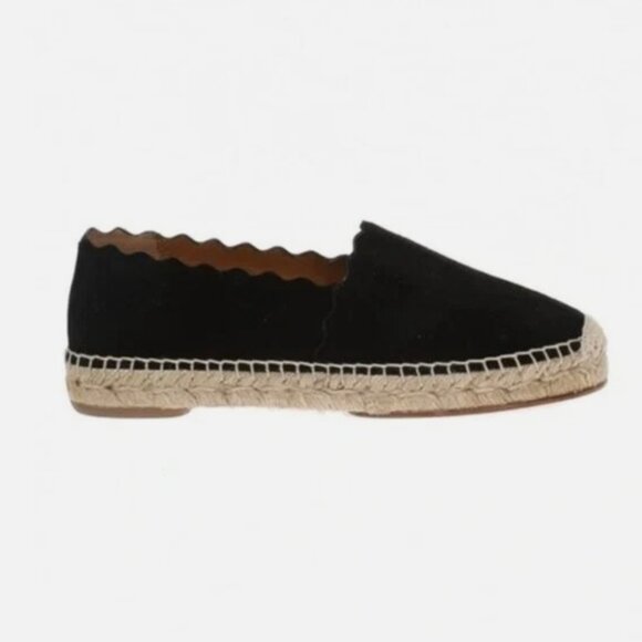 Chloe Scalloped Espadrille Flats - Black Leather Suede - Size 6 (EU 36) - Picture 1 of 5